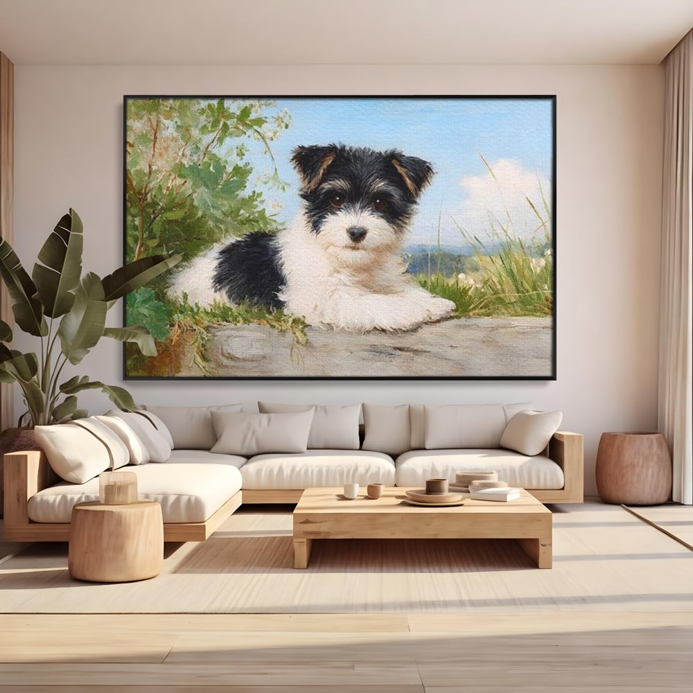 Tablou canvas cu tablou canvas cu pui de caine, in rama de aluminiu negru, pe perete intr-un living